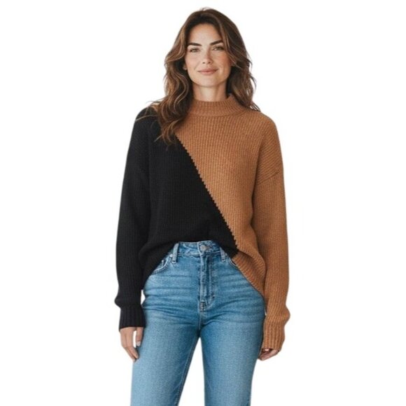 L’Academie Dagan Colorblock Crewneck Sweater in Black & Brown NWT - Size S - Picture 1 of 9